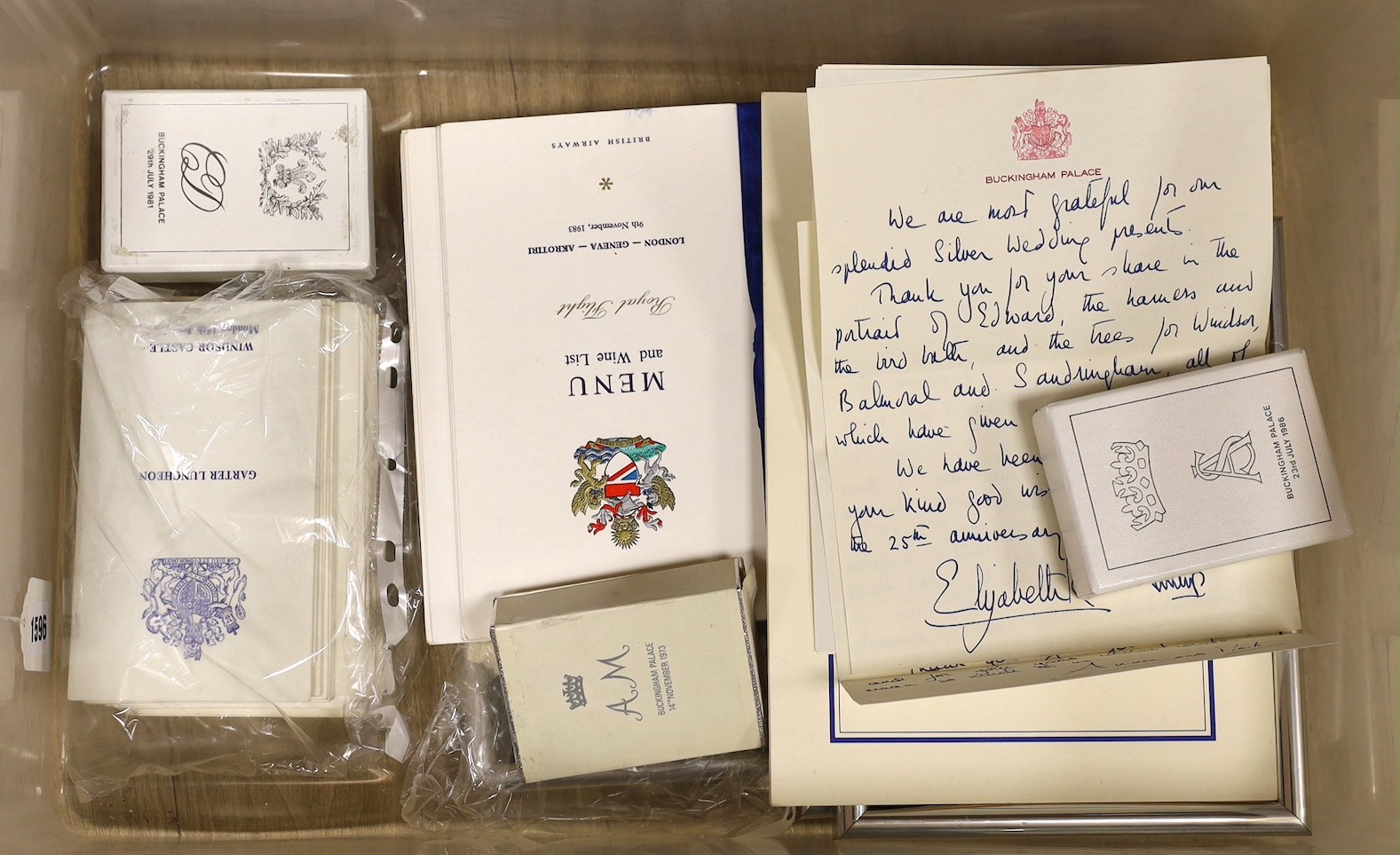 A mixed collection of ephemera relating to The British Royal family to include facsimile letters written by Her Majesty Queen Elizabeth II Princess Anne, etc., also together with various banquet menus, also together with